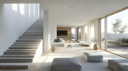 Fototapeta premium Modern minimalist living room with large windows overlooking a patio, a wooden staircase, and gray floor cushions.