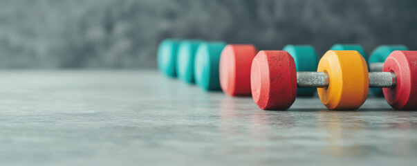 Colorful dumbbells aligned on a smooth surface with a gray background, suitable for fitness and health-related concepts.