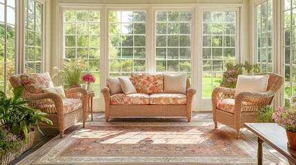 Obraz premium A bright Colonial sunroom with wicker furniture, floral cushions, and a large rug