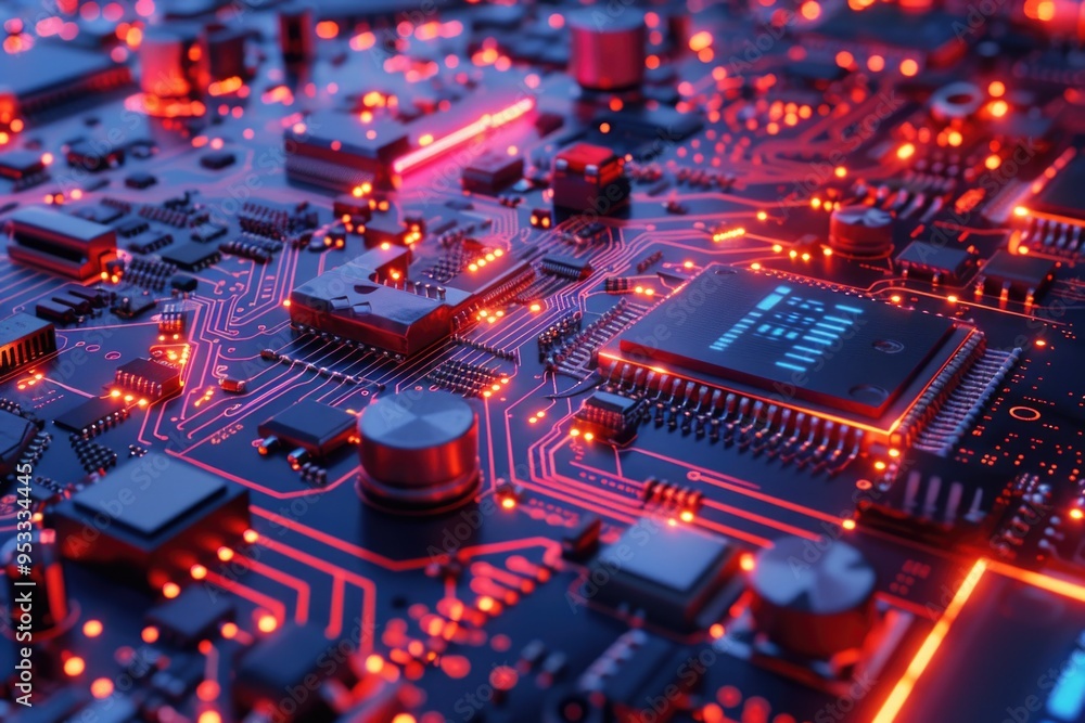 Poster a close-up view of a circuit board with various electronic components, ideal for use in technology-r