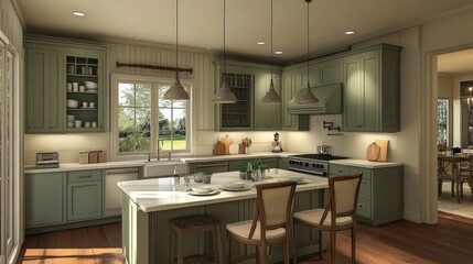 Green kitchen with island and three pendant lights, overlooking a garden.
