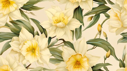 Elegant yellow daffodil flowers with lush green leaves on a soft, watercolor background creating a seamless pattern with a vintage luxury design