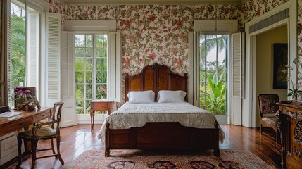 A refined Colonial bedroom with a carved wooden headboard, floral wallpaper