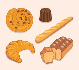 Set of French pastry, pain au chocolat, croissant, brioche, escargot au raisin, baguette, canele.  French pastry. Simple design, vector illustration.