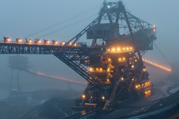 A crane stands tall in thick fog with bright lights illuminating its presence