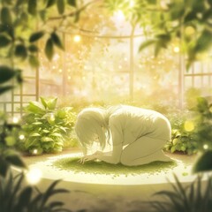 enchanted fantasy princess in  green garden peaceful dreamlike outdoor nature serene