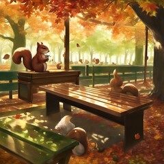 cute squirrel in the  wooden bench autumn forest peaceful forest animals with sunlight background