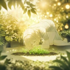 princess in green garden whimsical royal outdoor ethereal peaceful serene with lighting background