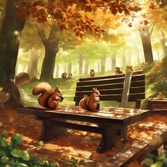 bench in the forest with small animal cute squirrel fall foliage with sunlight background