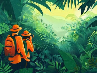 Jungle adventure, explorers with binoculars, flat design illustration