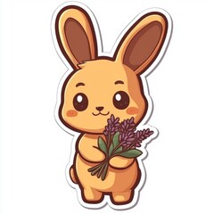 Fototapeta premium Cute Cartoon Rabbit Holding Lavender Flowers