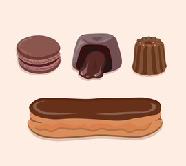 Set of French pastry with chocolate, macaron, canele, fondant, éclair. Chocolate desserts. Simple design, vector illustration.