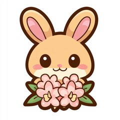 Obraz premium Cute Cartoon Bunny Holding Pink Flowers