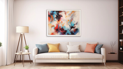 Abstract Painting in White Frame on Living Room Wall
