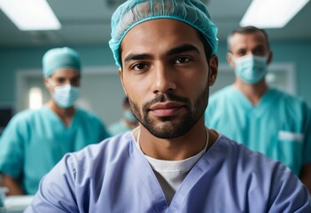 A male surgeon in scrubs preparing for an operation in a modern operating room, looking focused and confident.