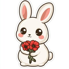 Cute Cartoon Rabbit Holding Red Flowers