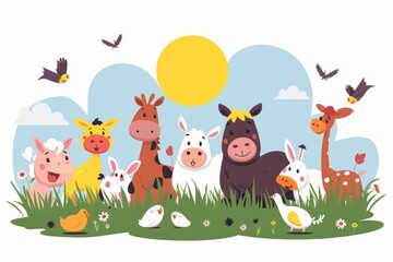 A group of farm animals grazing in a green field