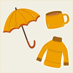 autumn stickers coffee cup and umbrella, autumn design