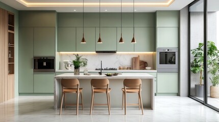 Modern kitchen interior with green cabinets, marble countertop, and island with stools.