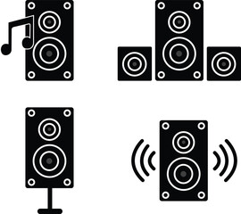 Set of sound speaker, acoustic audio for concert or home cinema stereo system isolated on transparent background. Loudspeaker Bluetooth music audio speaker box vectors symbols in black flat styles.