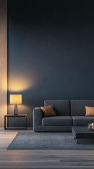 Modern minimalist living room interior with futuristic led warm hue lighting