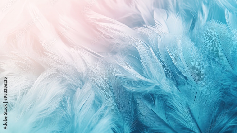 Poster soft texture of feathers in gradient colors from white to blue, providing a delicate and light backg