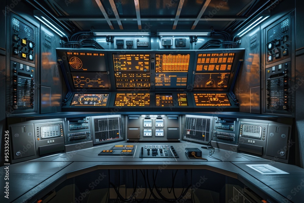Poster a high-tech control room with multiple computer monitors and bright lighting