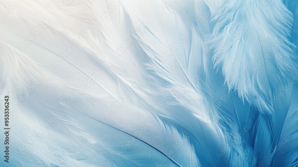 Poster soft texture of feathers in gradient colors from white to blue, providing a delicate and light backg