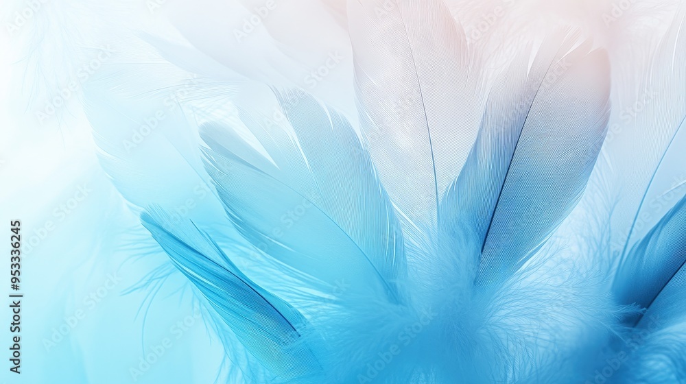 Poster soft texture of feathers in gradient colors from white to blue, providing a delicate and light backg