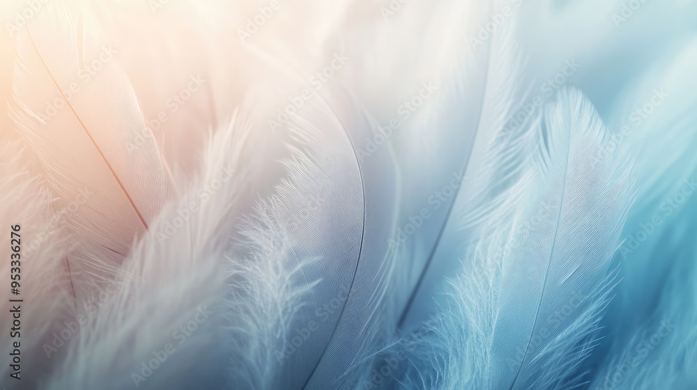 Poster soft texture of feathers in gradient colors from white to blue, providing a delicate and light backg