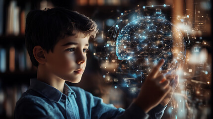 inspiration and technology to enhance education with AI technology. Teenage boy touching education icon for e-learning