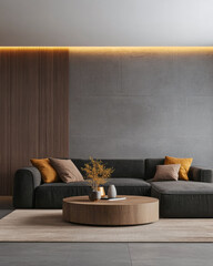 Modern minimalist living room interior with futuristic led warm hue lighting