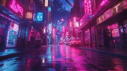 The image depicts a vibrant, neon-lit city street at night. The scene is immersed in artificial lights of pink, blue, and purple hues, reflecting off the wet pavement due to rainfall. Both sides of th