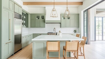 Modern kitchen interior with sage green cabinets and white countertop.
