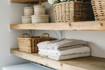 Cozy laundry room with natural wood shelves and baskets, Laundry room, Rustic and organized space