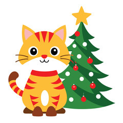 A cute Christmas cat and Christmas tree vector illustration on white background.