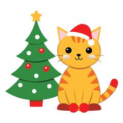 A cute Christmas cat and Christmas tree vector illustration on white background.