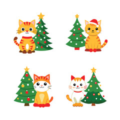 4 icon set on A cute Christmas cat and Christmas tree vector illustration on white background.