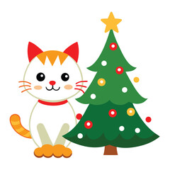 A cute Christmas cat and Christmas tree vector illustration on white background.