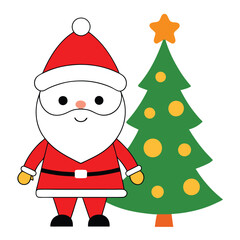 A cute Christmas Santa  and Christmas tree vector illustration on white background.