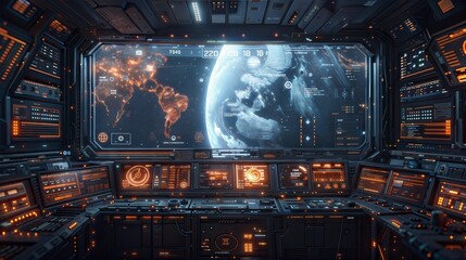 Futuristic Space Station Command Center Overlooking Earth with Digital Interfaces and Control Panels