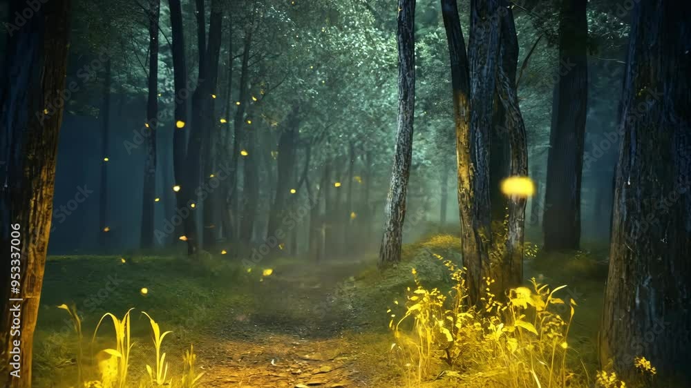 Poster enchanting forest pathway illuminated by fireflies during twilight in a serene woodland setting