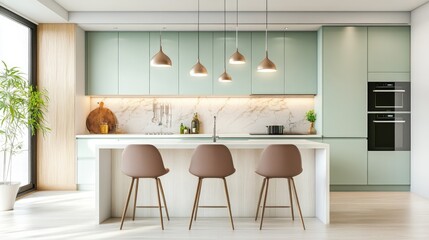 Modern kitchen island with three bar stools, white counter top, green cabinets and marble backsplash.