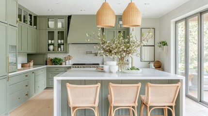 Modern kitchen island with wicker chairs, a white countertop, and green cabinets.