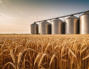 Grain elevator and agricultural storage. Containers silos storing agriculture crop in countryside.