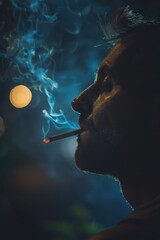 Fototapeta premium A person smoking in a dimly lit environment, often used for mood or atmosphere sets