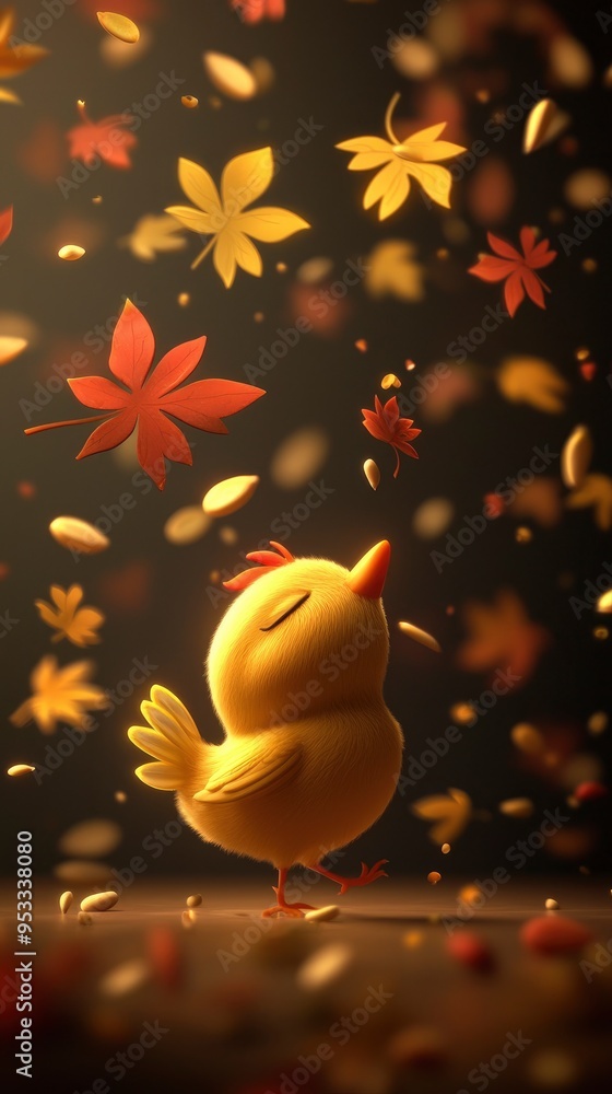 Wall mural cute little chick under falling autumn leaves