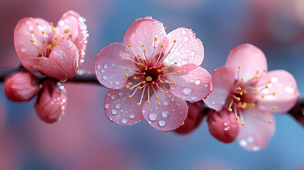 Pink blossom flower with dew drops.