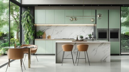 Modern kitchen with marble island and green cabinets.