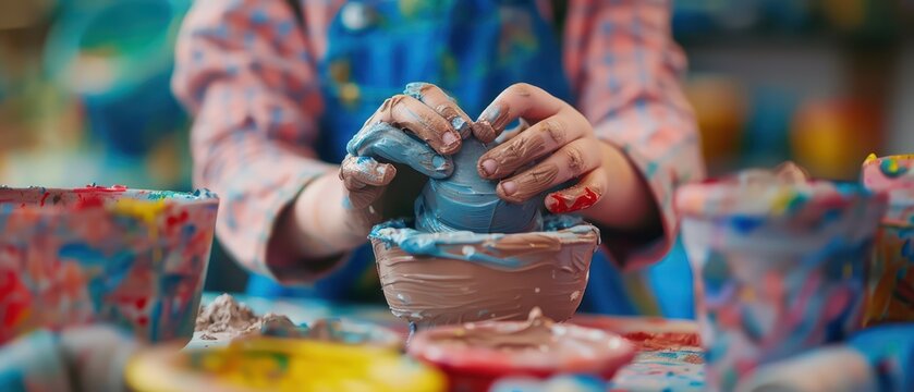 A child creates pottery using colorful clay, showcasing creativity and hands-on learning in an artful environment.